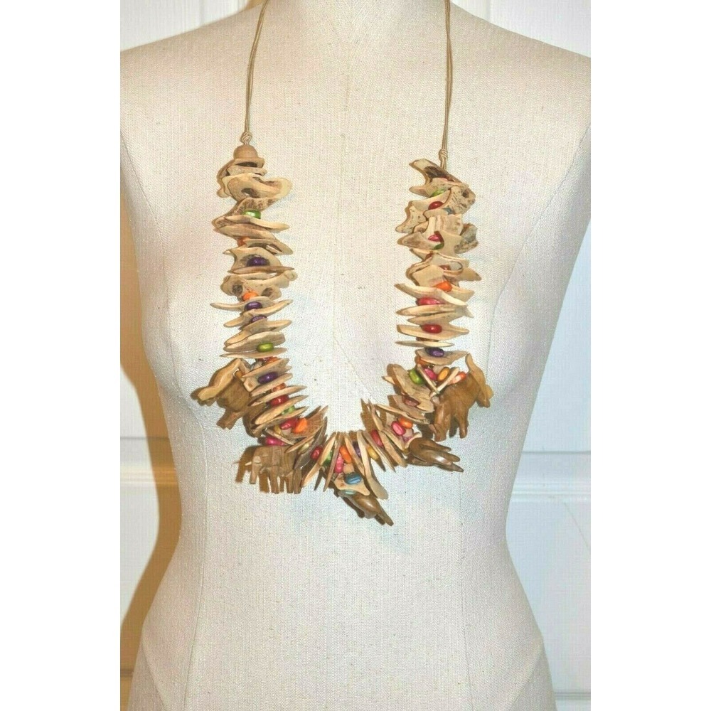 Vintage Chunky Beige Wooden Animal Statement Necklace with Multicolor Accents